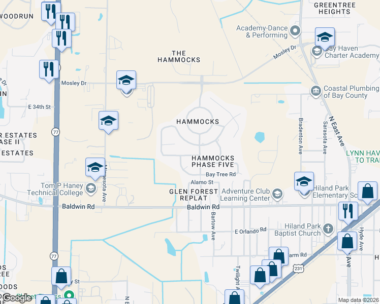 map of restaurants, bars, coffee shops, grocery stores, and more near 3404 Cherry Ridge Road in Lynn Haven