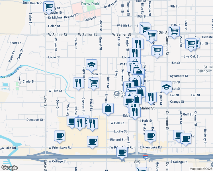 map of restaurants, bars, coffee shops, grocery stores, and more near 2614 Dietz Street in Lake Charles