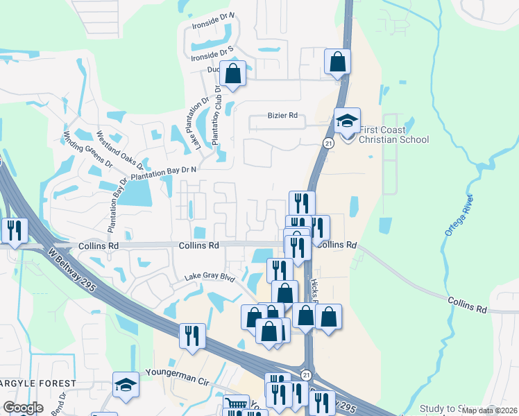 map of restaurants, bars, coffee shops, grocery stores, and more near Ln B in Jacksonville