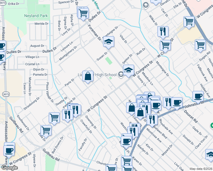 map of restaurants, bars, coffee shops, grocery stores, and more near 400-498 Marie Antoinette St in Lafayette
