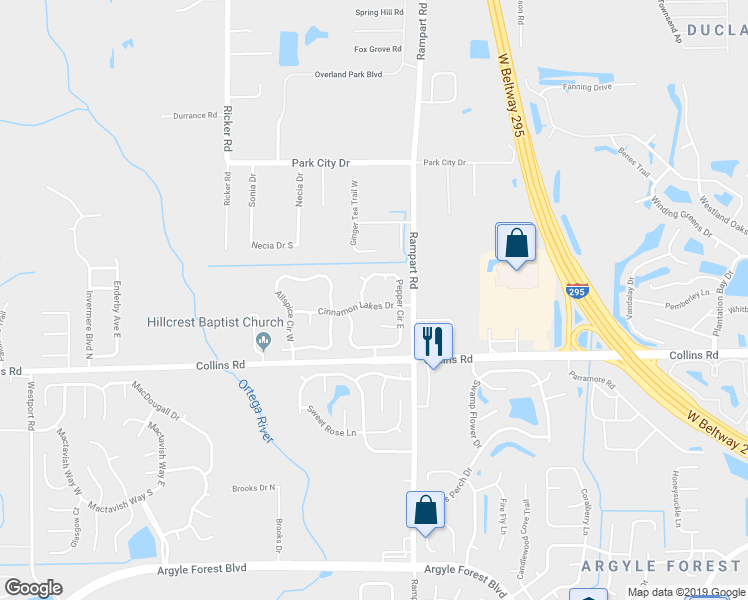 map of restaurants, bars, coffee shops, grocery stores, and more near 7713 Pepper Circle West in Jacksonville
