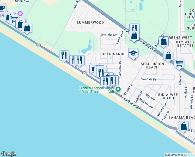 map of restaurants, bars, coffee shops, grocery stores, and more near 14700 Front Beach Road in Panama City Beach