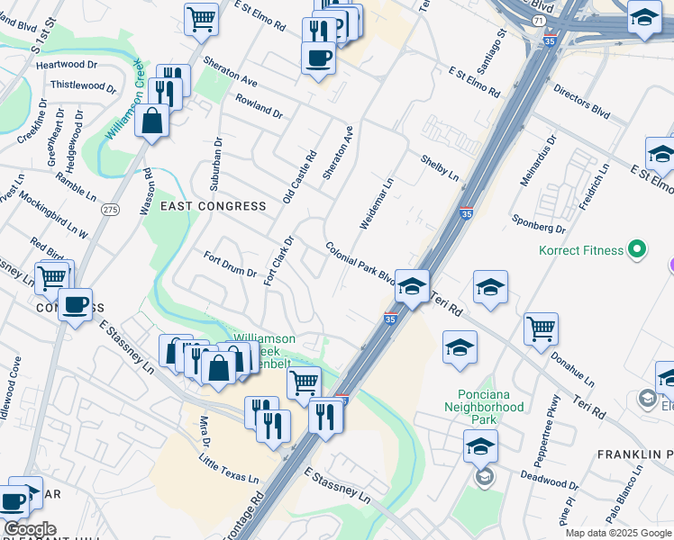 map of restaurants, bars, coffee shops, grocery stores, and more near 806 Newcastle Drive in Austin