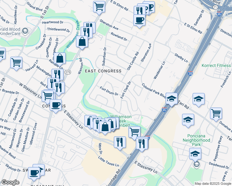 map of restaurants, bars, coffee shops, grocery stores, and more near 610 Old Stone Road in Austin