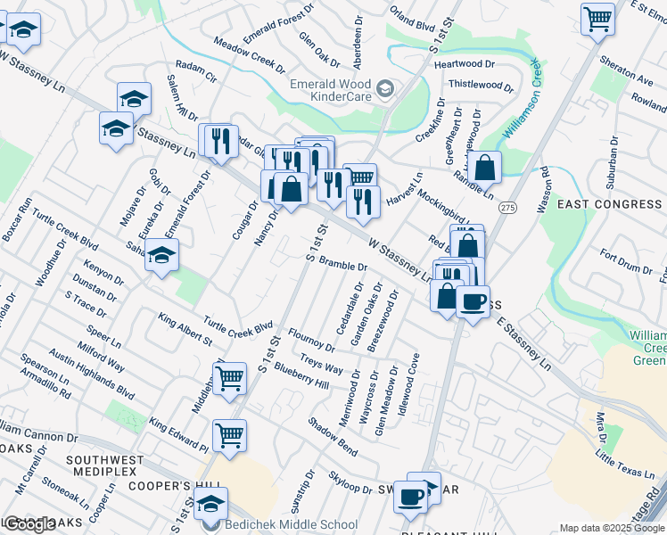 map of restaurants, bars, coffee shops, grocery stores, and more near 610 Bramble Drive in Austin