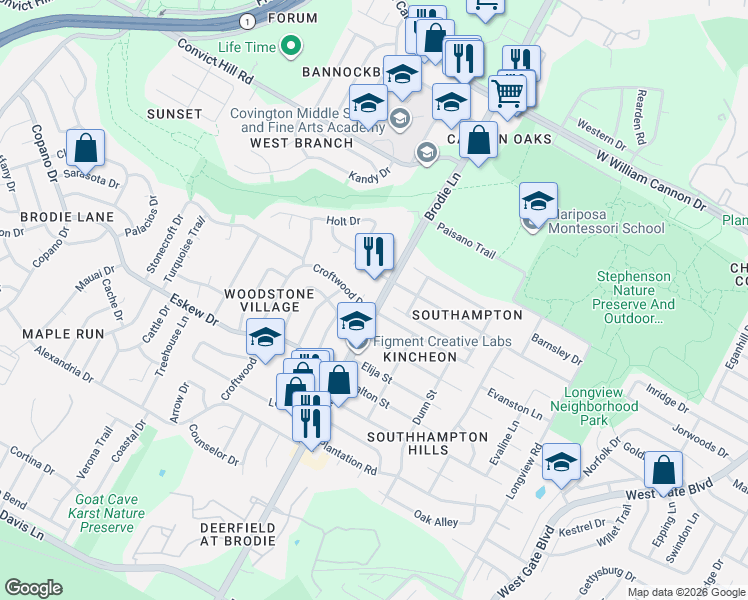map of restaurants, bars, coffee shops, grocery stores, and more near 3507 Harpers Ferry Lane in Austin