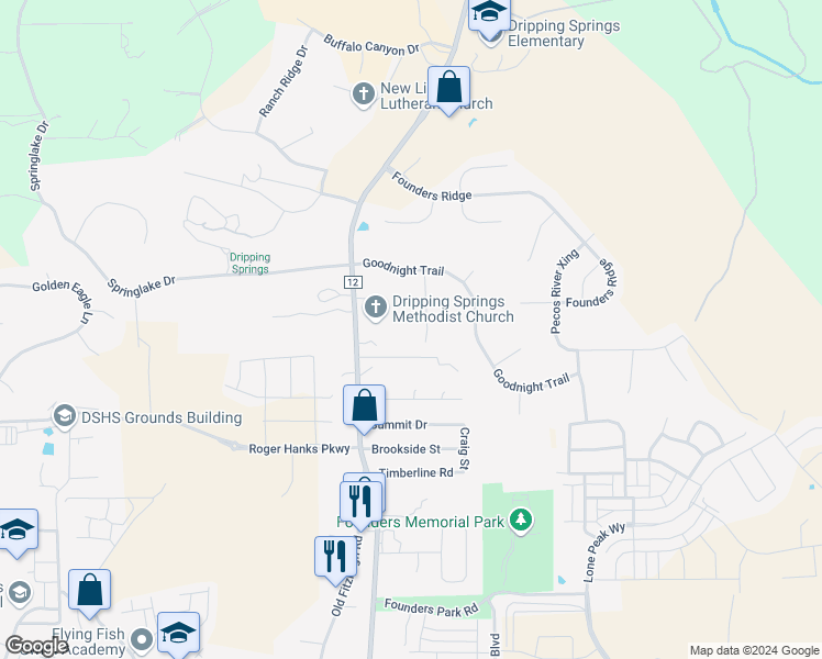 map of restaurants, bars, coffee shops, grocery stores, and more near 2018 Loving Trail in Dripping Springs