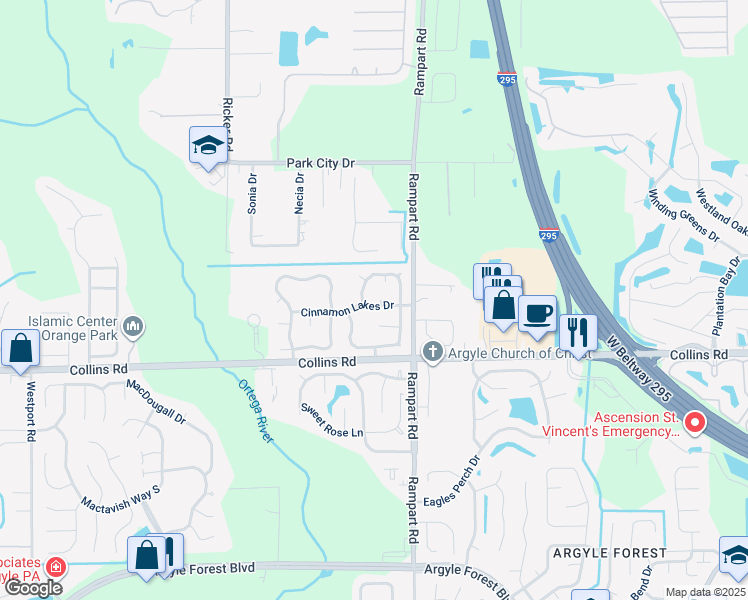 map of restaurants, bars, coffee shops, grocery stores, and more near 7774 Oregano Court in Jacksonville