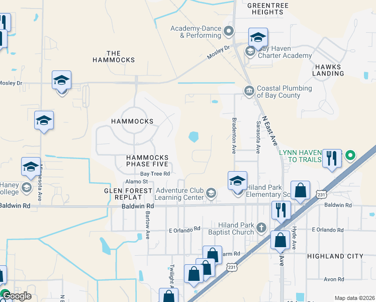 map of restaurants, bars, coffee shops, grocery stores, and more near 3515 Pleasant Hill Road in Lynn Haven