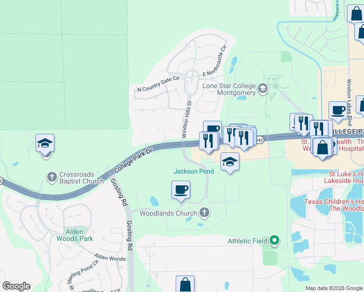 map of restaurants, bars, coffee shops, grocery stores, and more near 3719 College Park Drive in Conroe