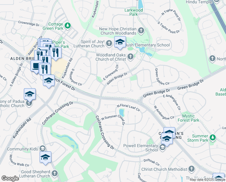 map of restaurants, bars, coffee shops, grocery stores, and more near 8 Churchdale Place in The Woodlands