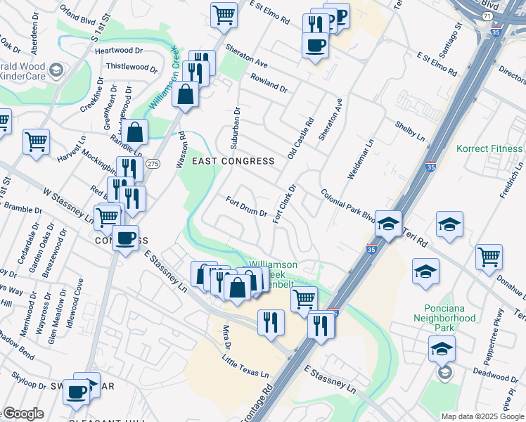 map of restaurants, bars, coffee shops, grocery stores, and more near 610 Old Stone Road in Austin