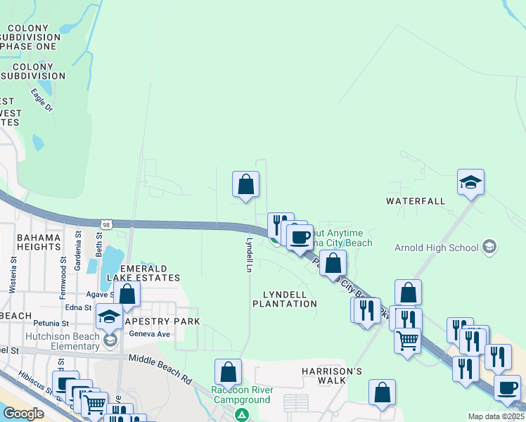 map of restaurants, bars, coffee shops, grocery stores, and more near 901 Pelican Place in Panama City Beach