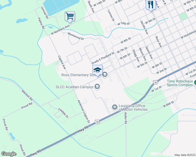 map of restaurants, bars, coffee shops, grocery stores, and more near 1809 West Hutchinson Avenue in Crowley