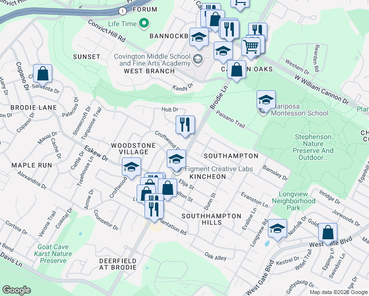 map of restaurants, bars, coffee shops, grocery stores, and more near 3507 Harpers Ferry Lane in Austin