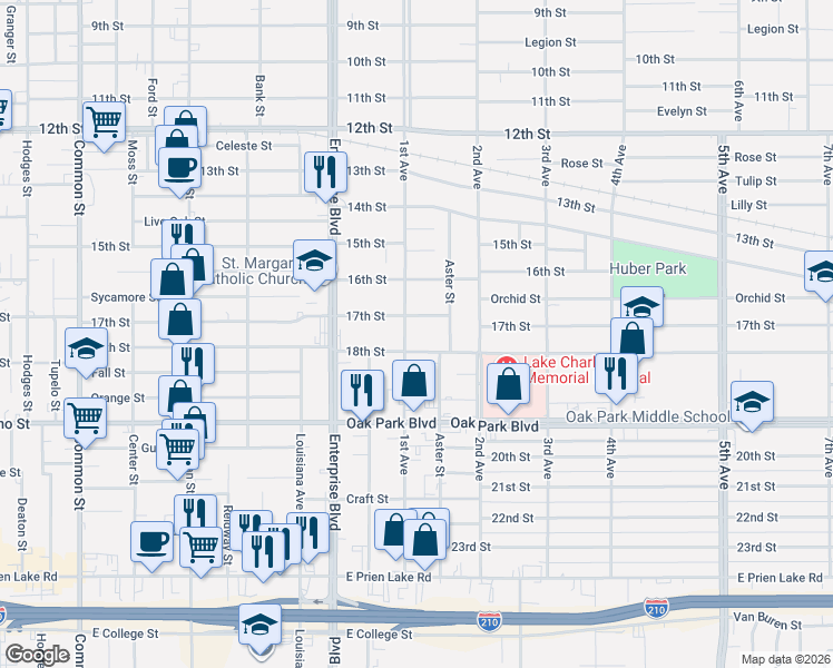 map of restaurants, bars, coffee shops, grocery stores, and more near 2601 1st Avenue in Lake Charles
