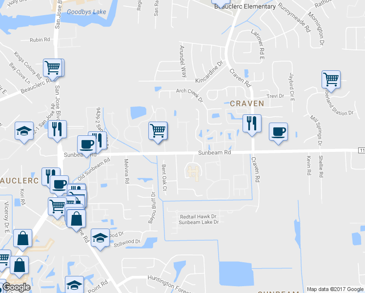 map of restaurants, bars, coffee shops, grocery stores, and more near 4235 Sunbeam Road in Jacksonville