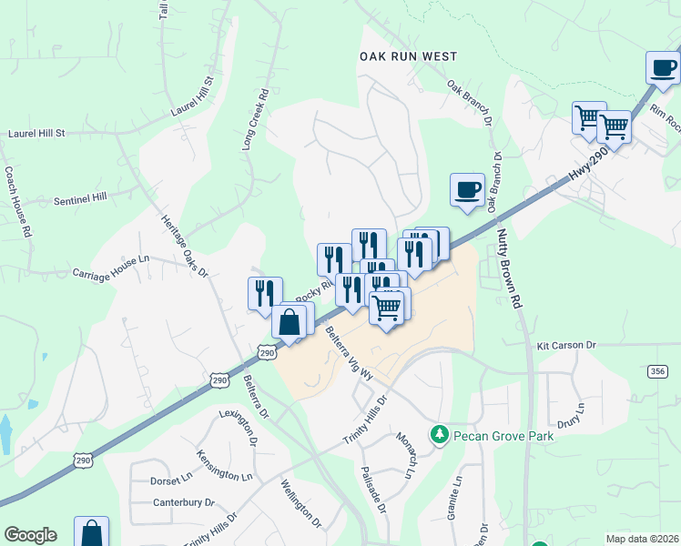 map of restaurants, bars, coffee shops, grocery stores, and more near 13000 U.S. 290 in Dripping Springs