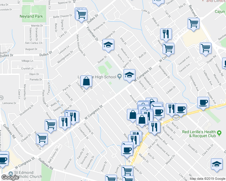 map of restaurants, bars, coffee shops, grocery stores, and more near 498 Marie Antoinette Street in Lafayette