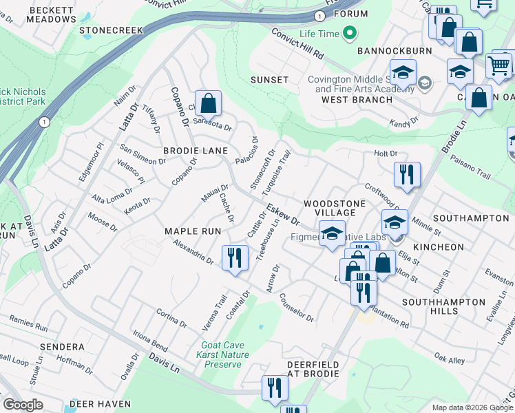 map of restaurants, bars, coffee shops, grocery stores, and more near 7912 Turquoise Trail in Austin