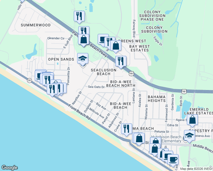 map of restaurants, bars, coffee shops, grocery stores, and more near 132 Seaclusion Circle in Panama City Beach