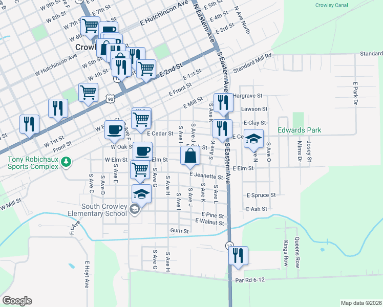 map of restaurants, bars, coffee shops, grocery stores, and more near 501 East Oak Street in Crowley