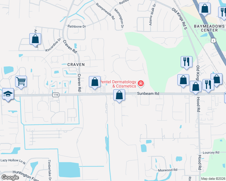 map of restaurants, bars, coffee shops, grocery stores, and more near 4639 Sunbeam Station Court in Jacksonville
