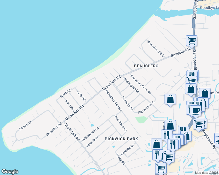 map of restaurants, bars, coffee shops, grocery stores, and more near 3302 Beauclerc Road in Jacksonville