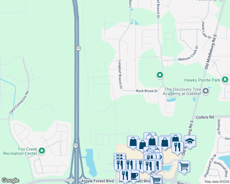 map of restaurants, bars, coffee shops, grocery stores, and more near 7899 Merchants Way in Jacksonville