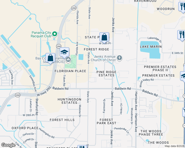 map of restaurants, bars, coffee shops, grocery stores, and more near 3163-3181 State Avenue in Panama City