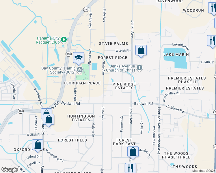 map of restaurants, bars, coffee shops, grocery stores, and more near 3163-3181 State Avenue in Panama City