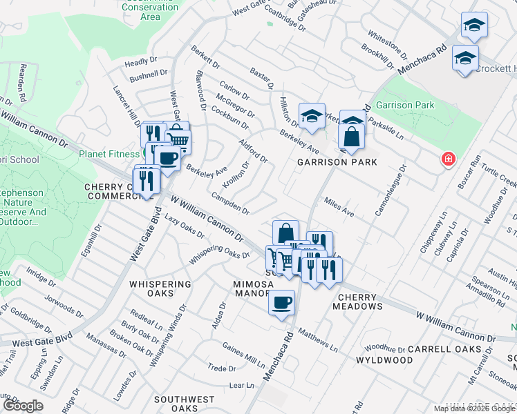 map of restaurants, bars, coffee shops, grocery stores, and more near 2304 Campden Drive in Austin