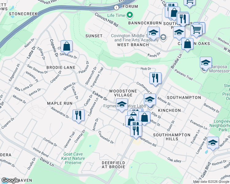 map of restaurants, bars, coffee shops, grocery stores, and more near 7810 Wakefield Drive in Austin