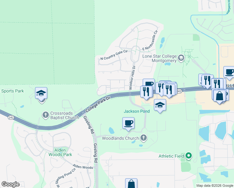 map of restaurants, bars, coffee shops, grocery stores, and more near 3726 College Park Drive in Conroe