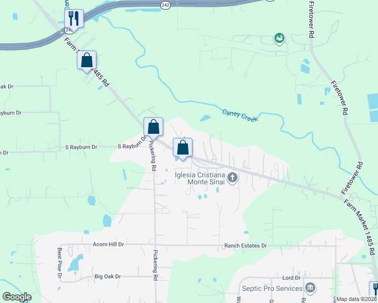 map of restaurants, bars, coffee shops, grocery stores, and more near 16701 Farm to Market 1485 in Conroe