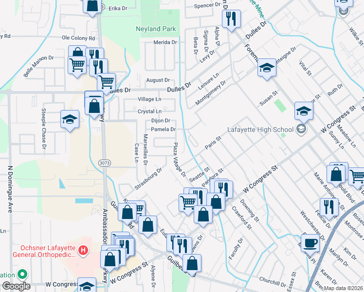 map of restaurants, bars, coffee shops, grocery stores, and more near 106 East Pamela Drive in Lafayette