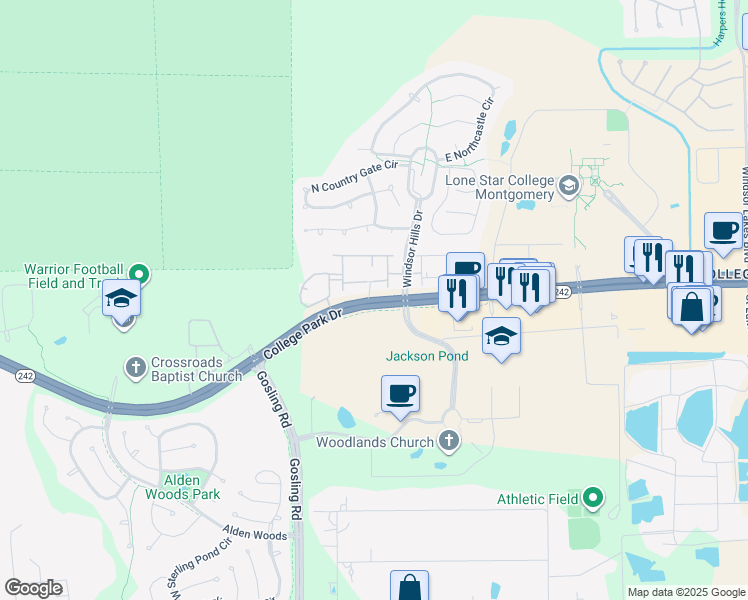map of restaurants, bars, coffee shops, grocery stores, and more near 3700 College Park Drive in Conroe