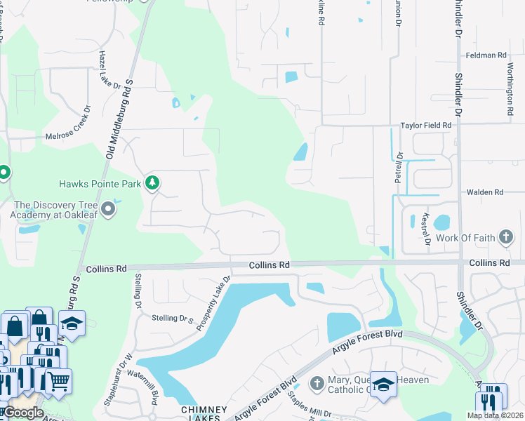map of restaurants, bars, coffee shops, grocery stores, and more near 7511 Hawks Cliff Drive in Jacksonville