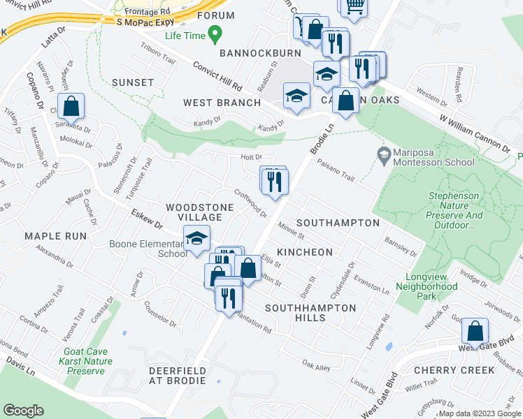 map of restaurants, bars, coffee shops, grocery stores, and more near 7604 Woodstone Cove in Austin