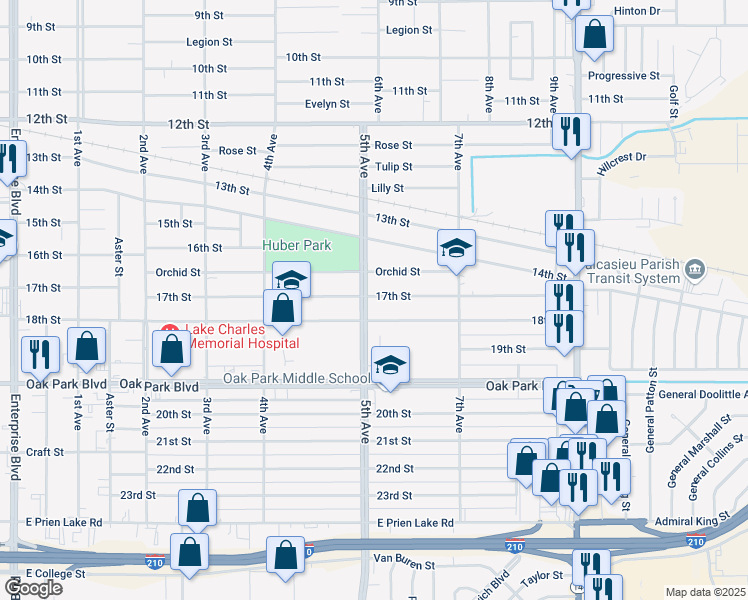 map of restaurants, bars, coffee shops, grocery stores, and more near 2511 5th Avenue in Lake Charles