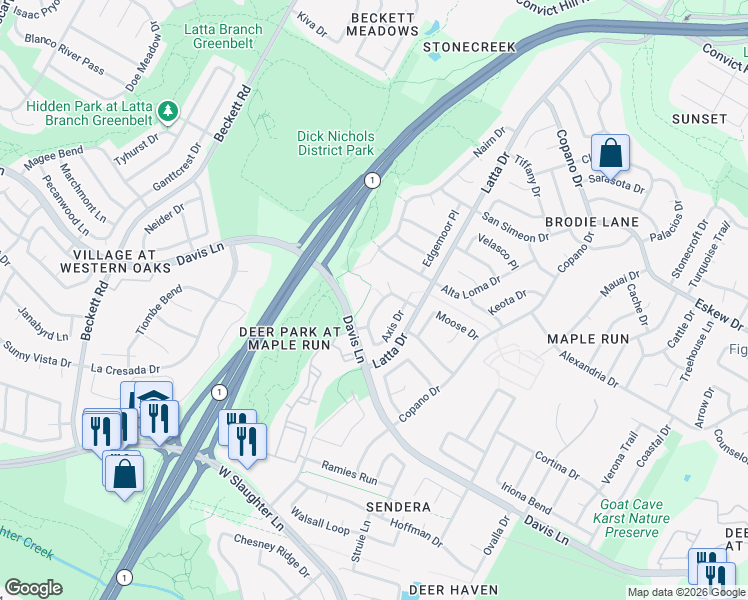 map of restaurants, bars, coffee shops, grocery stores, and more near 4920 Davis Lane in Austin