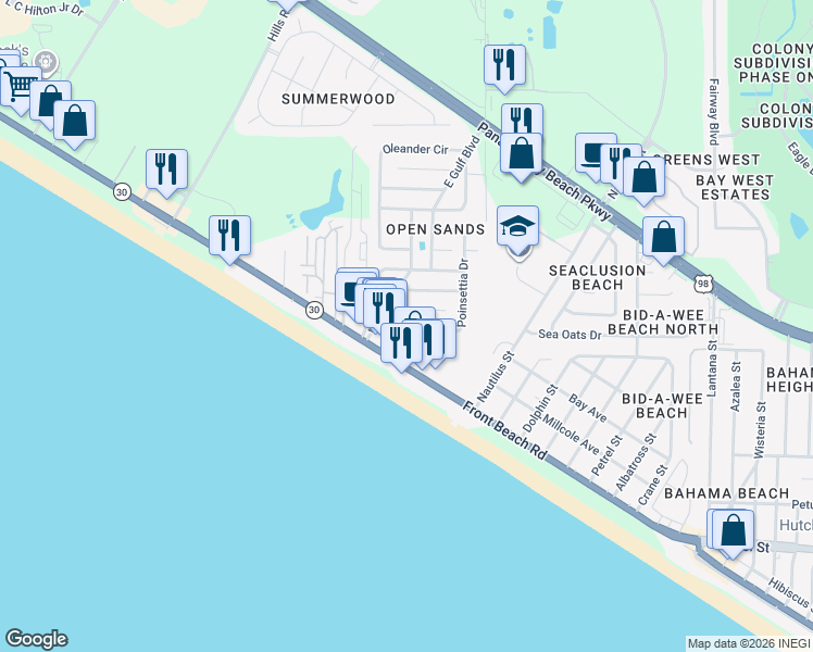 map of restaurants, bars, coffee shops, grocery stores, and more near Short St in Panama City Beach