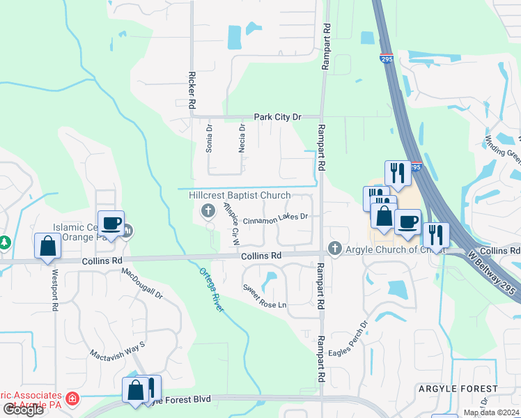 map of restaurants, bars, coffee shops, grocery stores, and more near 7780 Allspice Circle East in Jacksonville