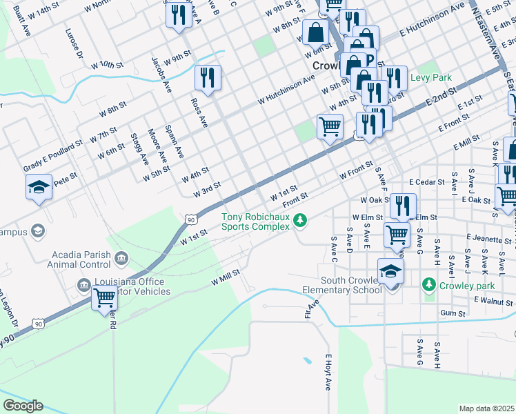 map of restaurants, bars, coffee shops, grocery stores, and more near 101-199 N Western Ave in Crowley