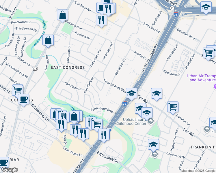 map of restaurants, bars, coffee shops, grocery stores, and more near 806 Newcastle Drive in Austin