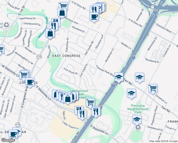 map of restaurants, bars, coffee shops, grocery stores, and more near 805 Sussex Drive in Austin