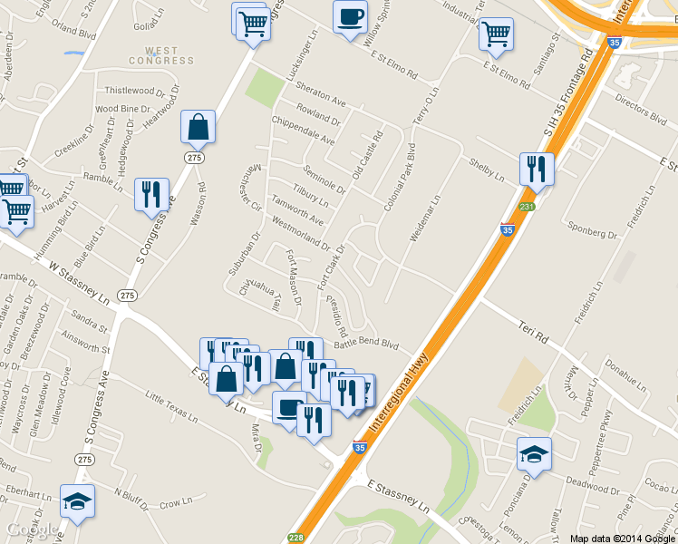 map of restaurants, bars, coffee shops, grocery stores, and more near 805 Sussex Drive in Austin