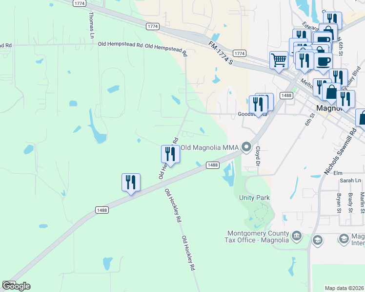 map of restaurants, bars, coffee shops, grocery stores, and more near 31810 Old Hempstead Road in Magnolia