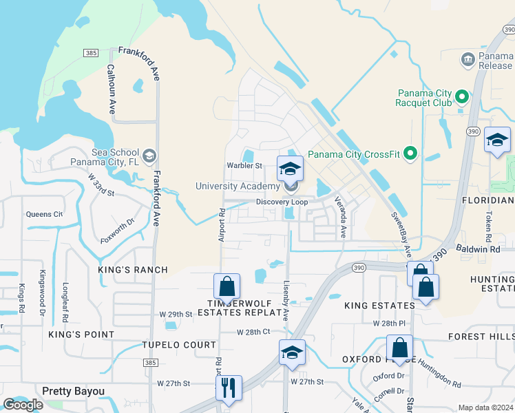 map of restaurants, bars, coffee shops, grocery stores, and more near 3716 Airport Drive in Panama City