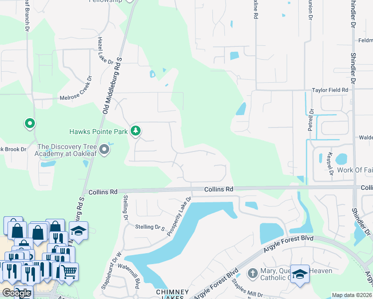 map of restaurants, bars, coffee shops, grocery stores, and more near 7431 Hawks Cliff Drive in Jacksonville